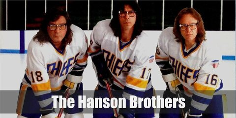 The Hanson Brothers costume to get your own Chiefs hockey jersey and gear ready! Get a brown wig and a pair glasses, too!