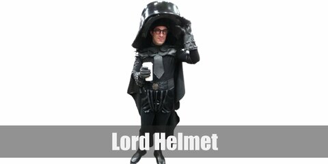  Lord Helmet’s costume is a black bodysuit, black cloak, giant black helmet, black boots, and black leather gloves.