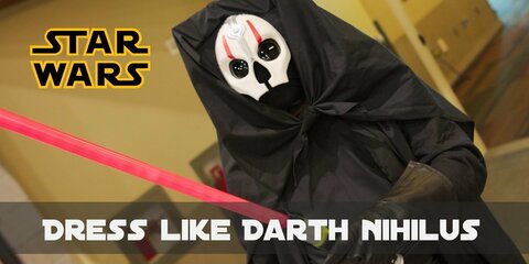 Darth Nihilus costume is completely in black, wearing a hooded cape, black tunic with wide belt, as well as loose pants, boots, and gloves. Of course, there is a red lightsaber as well.