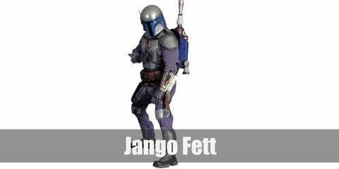  Jango Fett’s costume is a dark under-suit, silver armor all over his body, a navy and silver helmet, a brown belt and leather holsters.