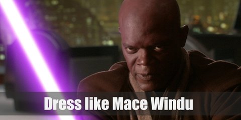 Mace Windu costume is a combination of beige, brown, and dark brown Jedi robes and wields a bright purple lightsaber. 