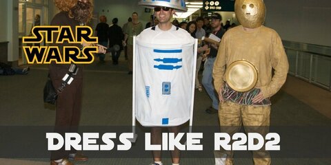 R2-D2 is a cylinder with three wheeled arms and capped off with half a sphere. Its color scheme includes predominantly white and blue with a few details in silver.