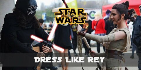 Rey costume is a pair of brown, ankle boots, a beige, cap-sleeve, Henley t-shirt and a pair of light gray, mid-raise, crop pants.