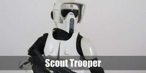 Scout troopers costume have lighter armor since they need to be stealthier during their missions. It consists of black compression pants, a black long-sleeved shirt, white armor, and white boots. 