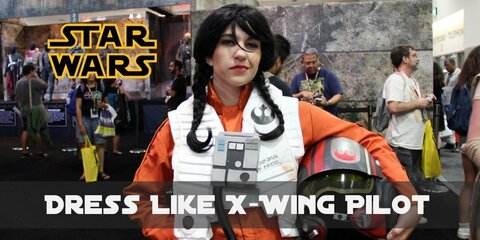 X-Wing pilots attire consists of an orange jumpsuit, a white vest with a chest box, black leather boots and matching gloves, a silver-gray harness and a helmet.