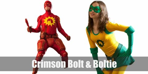  Crimson Bolt and Boltie’s costumes are Crimson a red long-sleeved shirt and red pants with red protective gear scattered all around as well as a yellow leotard with a green skirt atop, green gloves, and a green mask. 