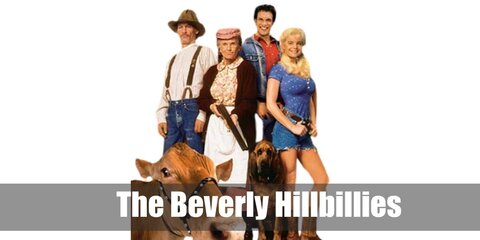  Beverly Hillbillies’s costumes are a long-sleeved button-down poplin shirt, retro boot cut blue jeans, brown work boots, Y-shaped heavy-duty brown suspenders, and a wide-brim brown classic western hat for Jed Clampett; a long-sleeved button-down red plaid shirt, regular blue boot jeans, brown work boots, and a blue denim jacket for Jethro Bodine; a short-sleeved blue shirt with buttons, frayed blue denim shorts, a brown leather belt, and brown cowboy ankle boots for Elly May; and a peter pan collar floral blouse, a vintage brown midi skirt, lace-up brown boots, a brown cardigan sweater, a white waist apron, a colonial mob hat, and round gold-rimmed glasses for Granny Moses.