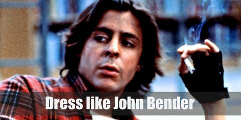 John Bender dresses quite ruggedly and in many layers, but it still looks cool on him. He wears a white sweater, a red plaid shirt, a denim jacket, and grey pants.  
