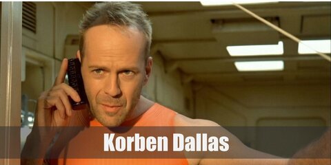 Korben Dallas's costume features an orange top, dark pants, and boots. He carries a gun, too.