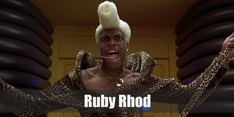 Ruby Rhod's all-leopard print can be recreated with a printed stole and pants with matching shoes. Complete the costume with a sceptre and a blonde wig.