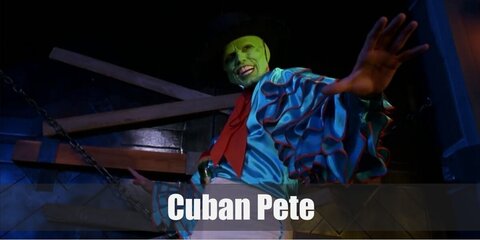 Cuban Pete’s costume is  a blue flamenco shirt, a red tie, white pants, black leather shoes, and a black hat.