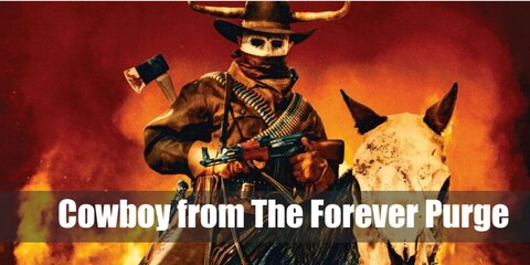 The Forever Purge Cowboy wears a cowboy hat with  horns, a skull mask, and a sash of bullets. He has a leather jacket, dark pants, and cowboy boots. He also carries an axe and a gun.