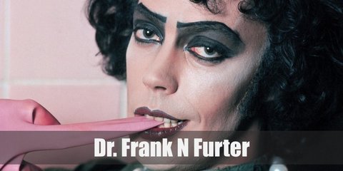 Dr. Frank-N-Furter wears a cropped corset, shorts, and garter belt. He also has fishnet stockings and heels. To complete his look, wear a curly wig, fingerless gloves, and pearl neklace. He also has dark eyeshadow and red lipstick.