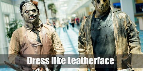 Leatherface costume is a button up striped shirt, black work pants, and black work pants. His costume also include a chainsaw, a mask made out human skin, and an apron made out of human skin.