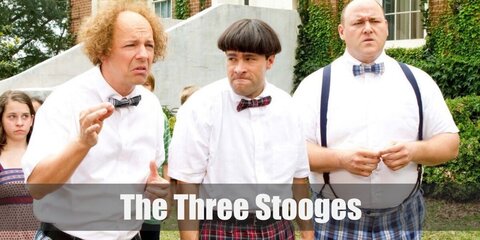  The Three Stooges’s costumes are a white polo shirt with collar, red plaid shorts, red plaid bow tie, black belt, high white socks and black shoes for Moe, a white polo shirt with collar, green plaid short, green plaid bow tie, brown belt, white socks and brown shoes for Larry, and a white polo shirt with collar, blue plaid shorts, blue plaid bow tie, dark blue suspenders, white socks and black shoes for Curly.