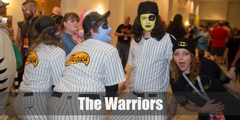 Baseball Furies costume includes the standard pinstripe baseball garb coupled with  white and black face paint to make the look stand out.