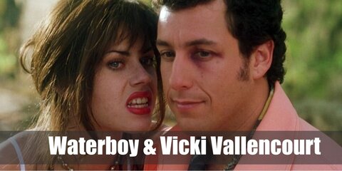  Waterboy and Vicki Vallencourt’s costume is a Bobby Boucher #9 football jersey, black football practice pants, orange calf compression sleeves, and a pair of white football training shoes for the Waterboy; and a square neck black crop top, blue jeans, a black leather belt with buckle, black sneakers, and a blue baseball cap for Vicki Vallencourt.