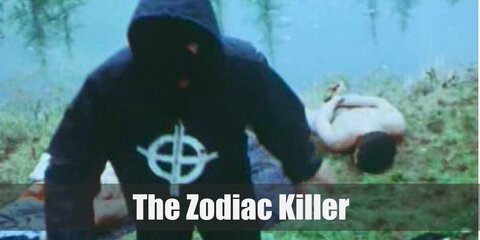 The Zodiac Killer's costume is an all-black ensemble covering the whole body including the face. The shirt he wears has his signature logo.