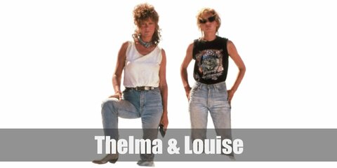  Thelma & Louise’s costume are a black graphic shirt, denim pants, cowgirl boots, and sunglasses as well as a white tank top, denim pants, cowgirl boots, and a neck scarf.