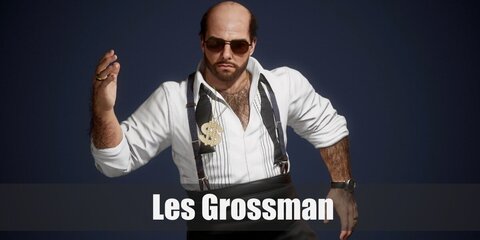 Les Grossman wears white top and black pants styled with a bow tie, a cummerbund, and a black watch. Complete the costume with a balding wig, shades, and fake facial hair.