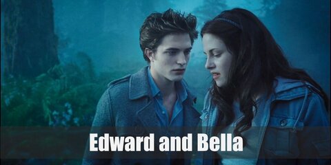 Bella and Edward’s costumes are a khaki outdoor jacket, a gray long-sleeved shirt, blue fitted jeans, and olive sneakers for Bella, and a gray overcoat, a indigo fitted shirt, blue jeans, and black hightop shoes for Edward.