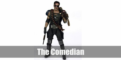  The Comedian’s costume is a black harness and chest plate, black leather pants, shoulder armor, black fingerless gloves, and elbow and knee pads.