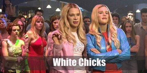 The iconic White Chicks look feature a pink or white top and skirt with swan feathers, blonde hair, and tights.