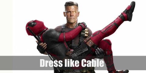 Cable costume is a brown T-shirt topped with bulletproof vest and shell belt, a dark green cape, black cargo pants, a tactical belt, black gloves, gun holsters, and brown combat boots.