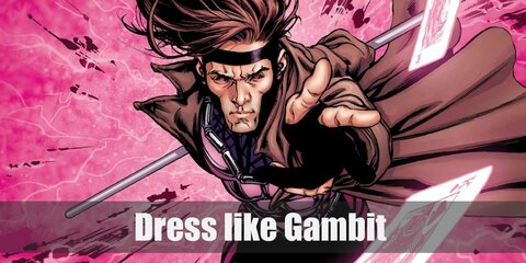 Gambit wears black tights, a pink and black long-sleeved top, silver boots, and an awesome brown coat. 