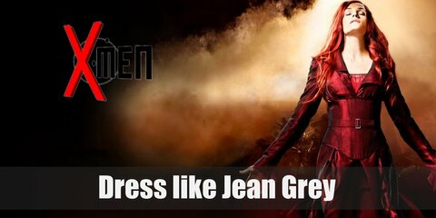Jean Grey has a long flame-like red hair and she wears a red shirt, a red trench coat, red pants, and a red corset.