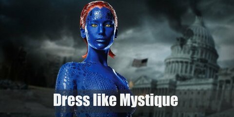 Mystique costume has an iconic look of blue skin, red hair, and yellow eyes. She wears a white side slit dress with no sleeves, white gloves, white thigh high boots, and a skeleton belt.