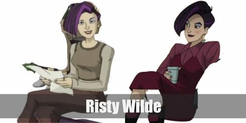  Risty Wilde’s costume is a red polo under a red strapless dress or a layered tight sweaters and boots. Risty is also known for her edgy hair cut with streaks of purple.