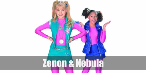 Zenon and Nebula both wear pink bodysuits under blue vests. They also wear matching pairs of shoes. They style their hair in pig tails, too.