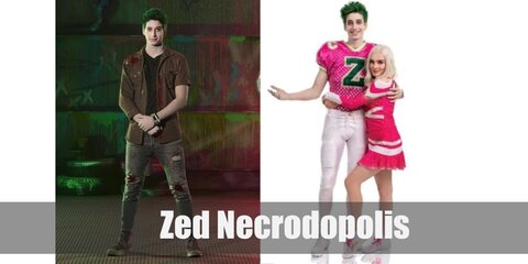 Zed’s costume features a black and brown shirt with ripped jeans and red sneakers. He has green hair.