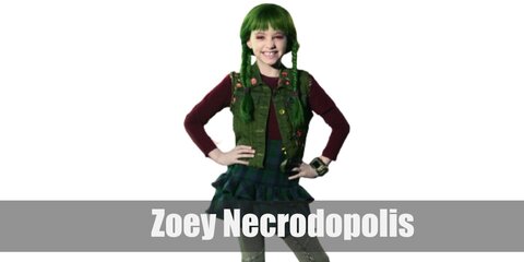 Rock Zoey's look with a maroon long-sleeved shirt, green vest, plaid skirt, and denim pants. She also wears high top sneakers, a watch, and braids on her  green hair.