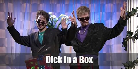 Dick in a Box features a costume with a blue or purple shirt. Get a box and cut holes on the side to slide a belt through. Finish the costume with a wig, fake mustache, and gold chains.