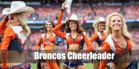 The Broncos Cheerleaders wear their signature orange color. They wear cropped tops with long sleeves and vest with white and navy bottoms. 