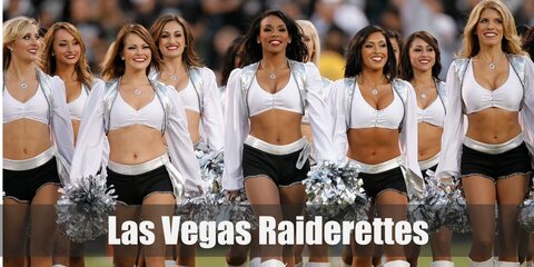 Las Vegas Raiderettes' costume can be DIY-ed with a a white cropped top, black shorts, and white boots.