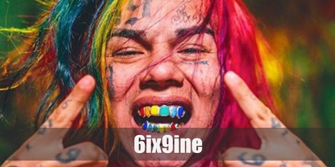 6ix9ine or Tekashi69 costume is a white jacket and pants with color block details. He also has tattoos and rainbow hair.