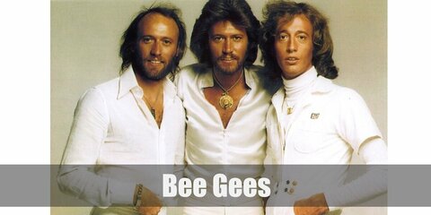 Bee Gee's costume consists of an all-white fit that includes a white jacket with pants and a pair of dress shoes. Style it with a necklace and the corresponding member's wig and mustache style.
