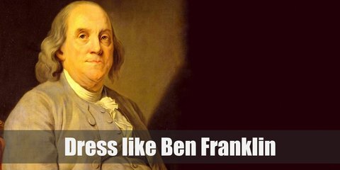 Benjamin Franklin wears a navy coat, yellow vest,  a white undershirt, and a pair of navy cropped pants. To complete his costume, wear a wig with receding hairline, high socks, and dress shoes
