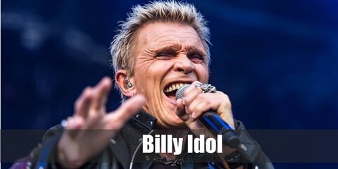  Billy Idol’s costume is a punk black leather jacket, metallic black leg trousers, punk black boots, 80s rocker fingerless rivet gloves, black studded bracelets, punk pants chain, and a chain necklace with a cross pendant.