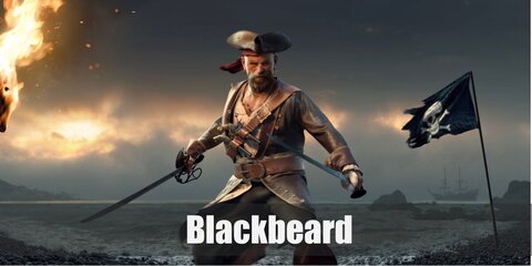  Blackbeard’s costume is  a Victorian frock coat, brown pirate pants, brown pirate boots, red pirate sash belt, black wrist guards, pirate headband, pirate hat, and a shoulder sword belt.