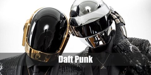 Daft Punk’s duo look features shiny helmets, sequined suits, gloves, and an all-black outfit.