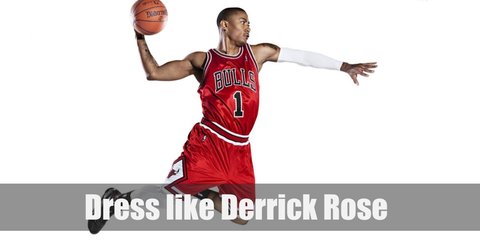MVP-era Derrick Rose wore a red Chicago Bulls jersey and matching shorts. Black or white long socks, knee pads, arm support, and basketball shoes. Carry a basketball for the full look. 