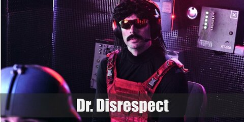 Dr. Disrespect costume is black long-sleeved top and red vest. Then pair with camouflage pants and combat boots. You may also wear a wig, a fake mustache, and sunglasses. Top it off with your headset.