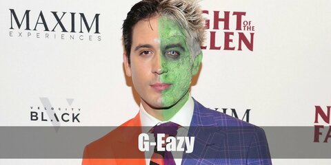 G-Eazy costume is a twp-face. Cut big strips of orange cloth and sew them on the half side of a plaid suit. Wear hair chalk and green face paint, too!