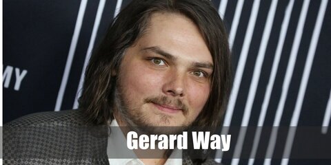  Gerard Way’s costume is a long-sleeved black button-down shirt, relaxed-fit black pants, a black belt with a silver buckle, brown Oxford leather shoes, a casual black sports coat, and a solid red tie.