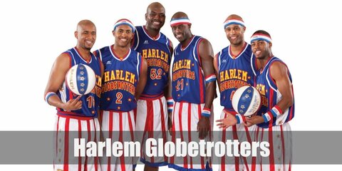 Harlem Globetrotters costume features a basketball attire in red, white, and blue colors. They also have red shoes and matching sweatbands and headbands. 