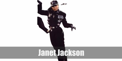 Janet Jackson’s Rhythm Nation costume consists of a black jacket with silver adornments and pins, a belt, and black pants. Complete the costume by wearing a pair of black boots and a cap. 